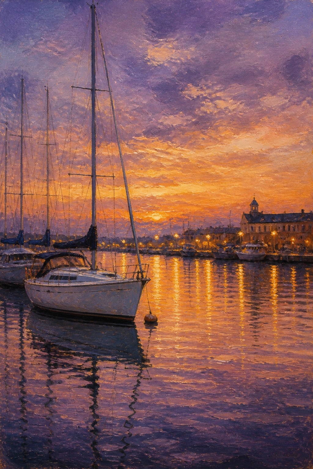 Sailboats moored in harbor under vibrant purple-orange sunset with glowing water reflections