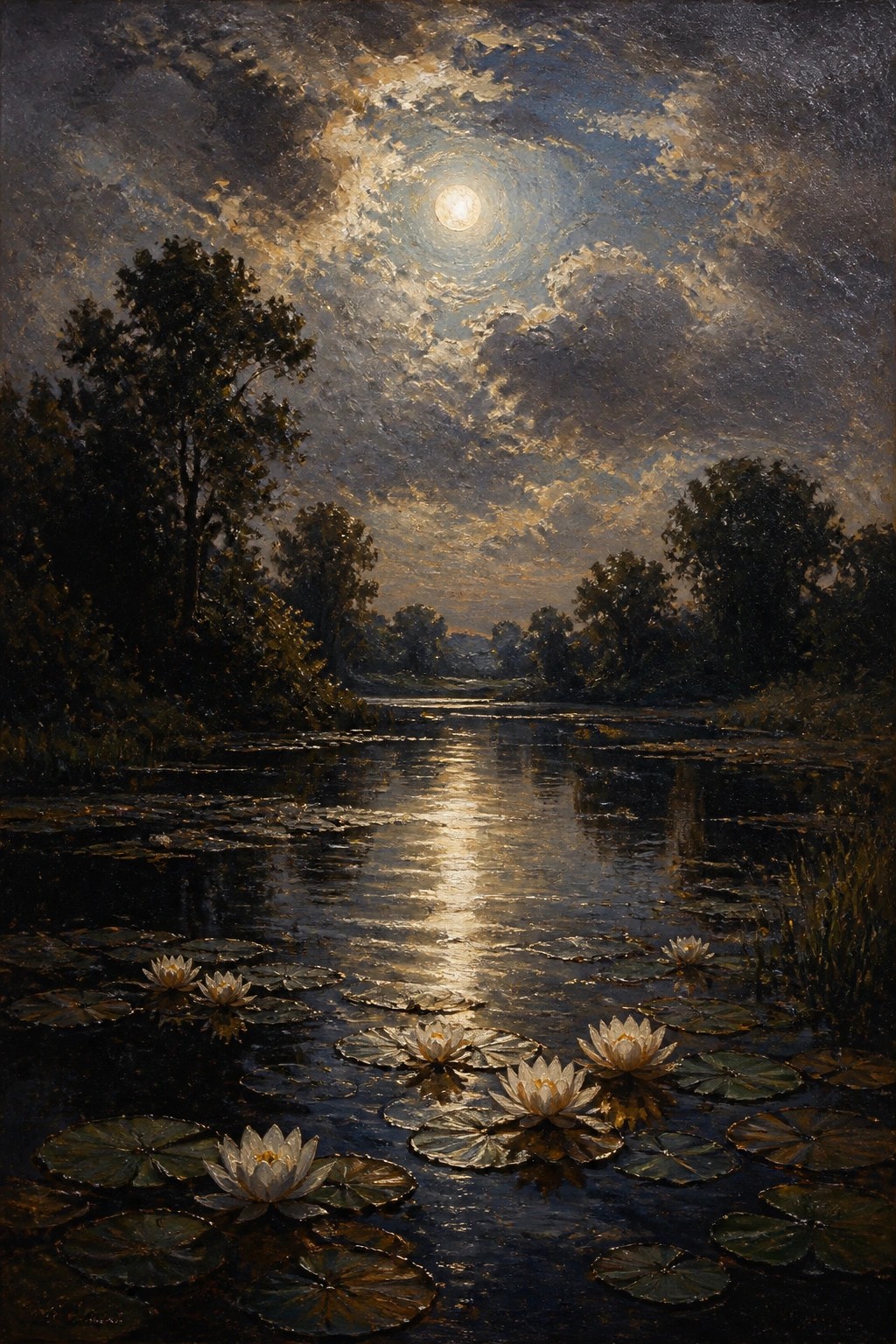 Moonlit river with blooming white water lilies on lily pads at night