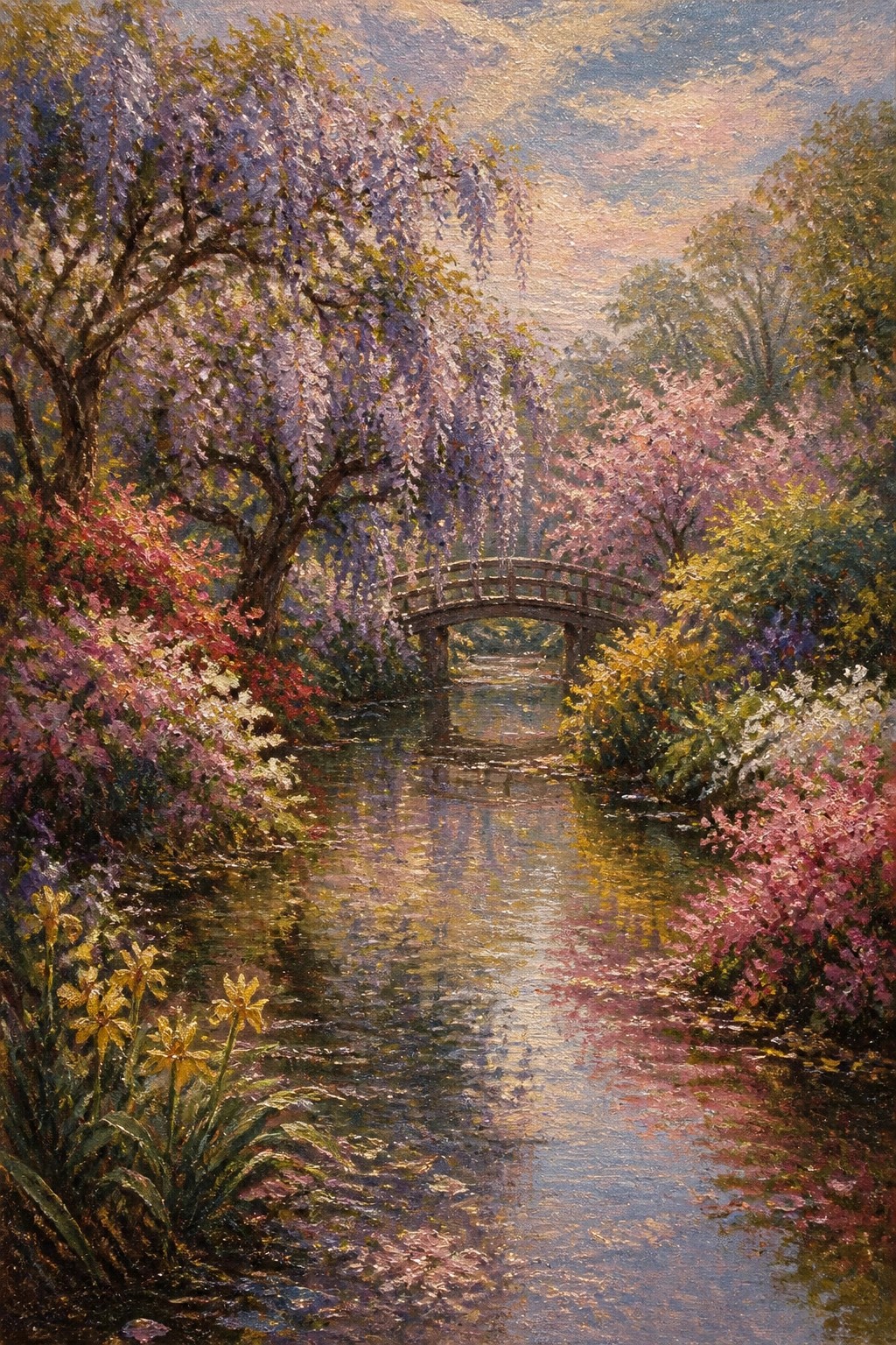 Arched bridge spans calm river amid blooming pink and purple trees.