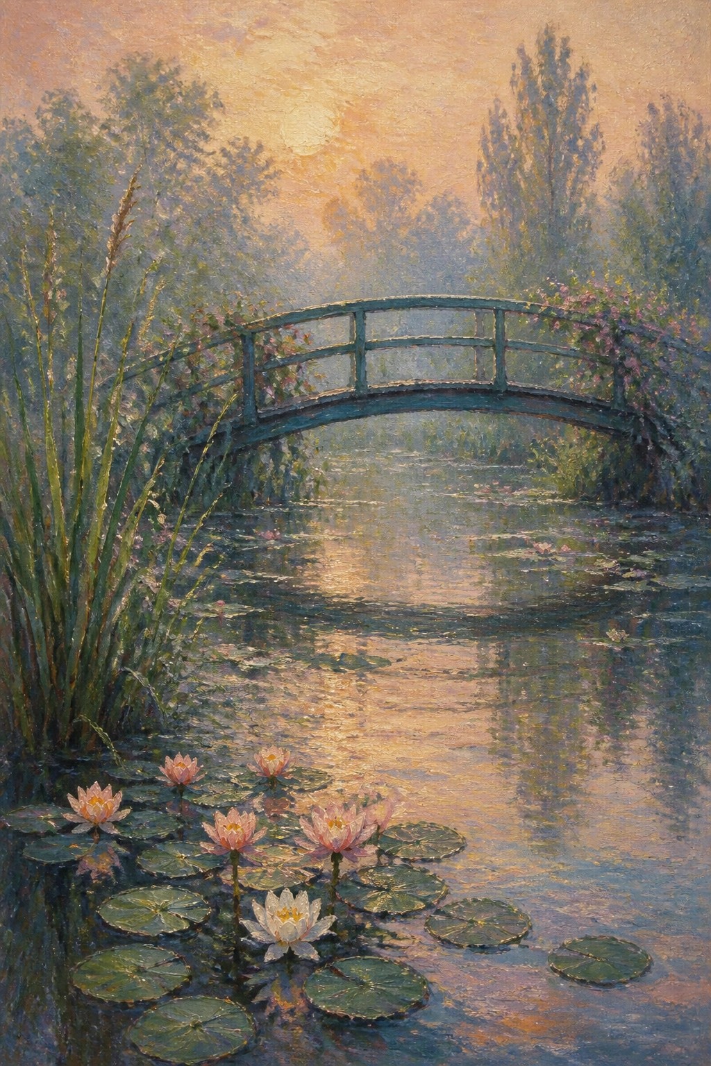 An oil painting of a green arched bridge over a pond filled with pink water lilies under a hazy sunset sky with trees in the background.