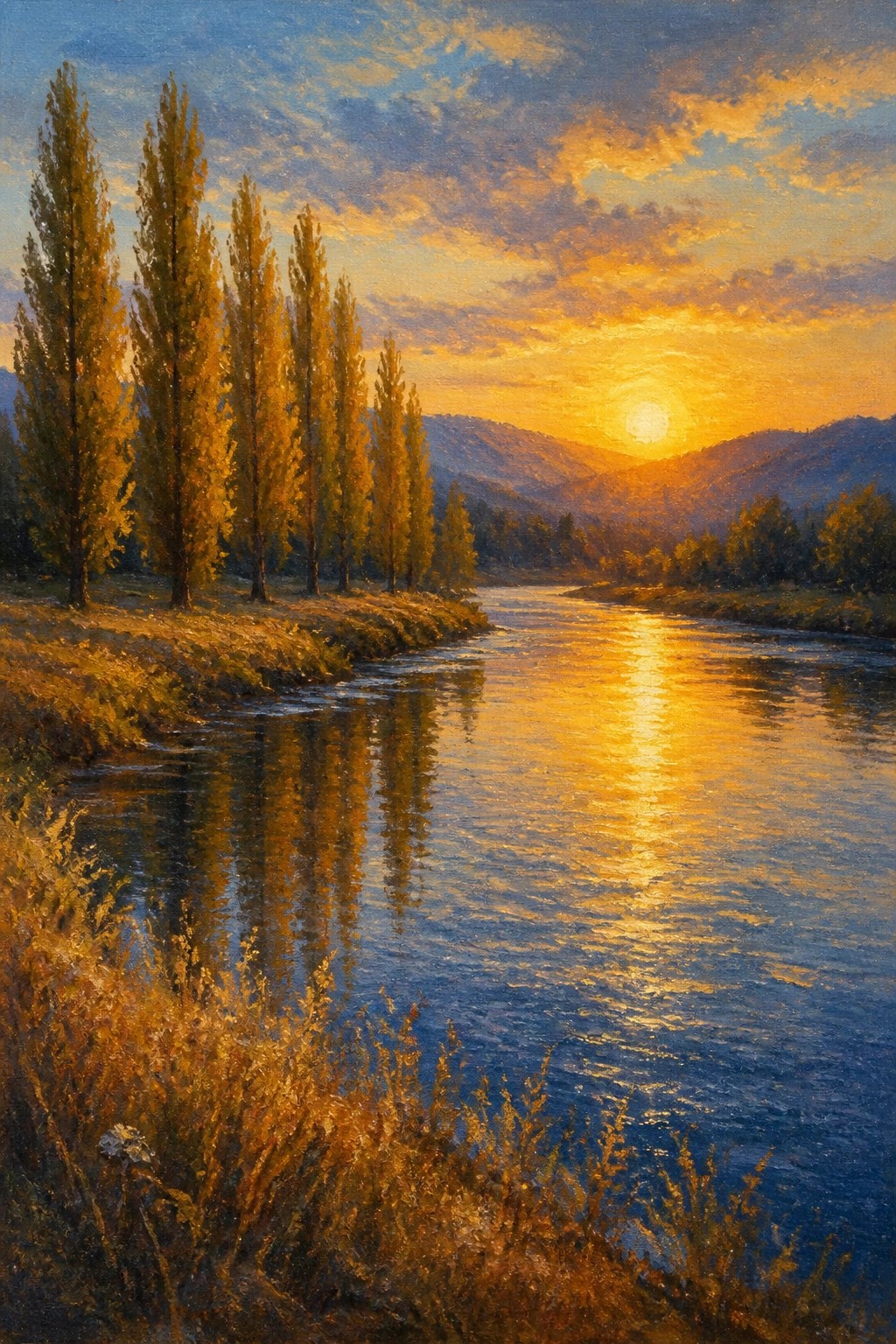 A realistic oil painting of a winding river at sunset with tall golden trees on the left bank, mountains in the background, and bright sunlight reflecting on the water.