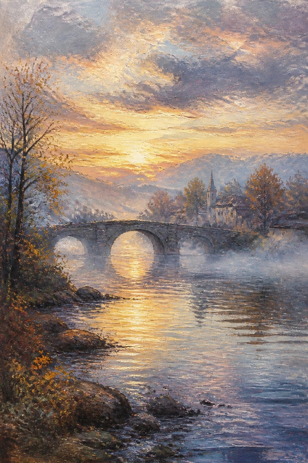 Arched stone bridge spans misty river under golden sunset with autumn trees and mountains.