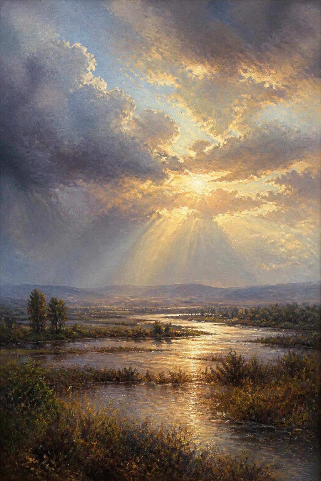 Sun rays piercing clouds above a reflective river and distant hills