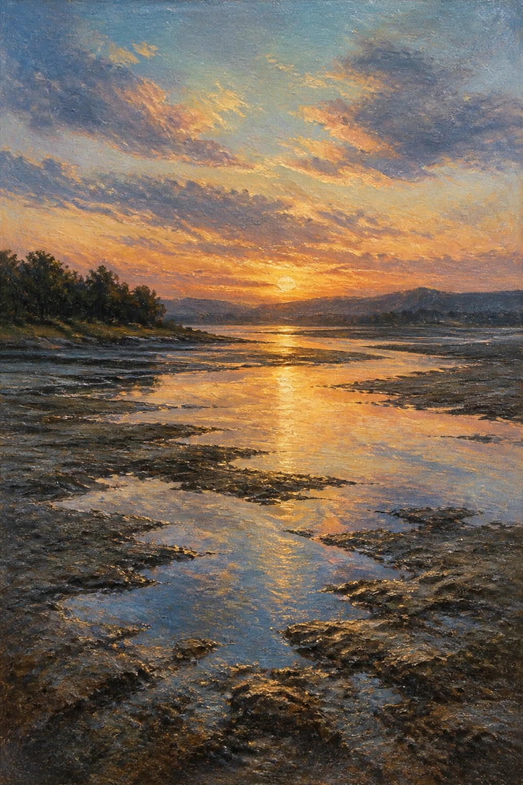 Sunset landscape with golden reflections on tidal mudflats and distant hills