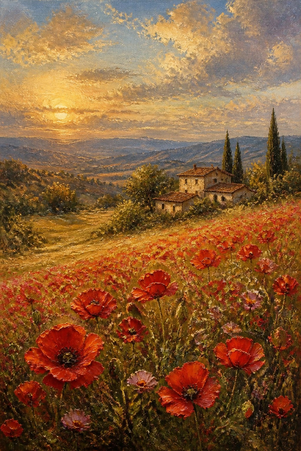 An oil painting of a red poppy field at sunset with a stone house, cypress trees, and rolling hills in the background.