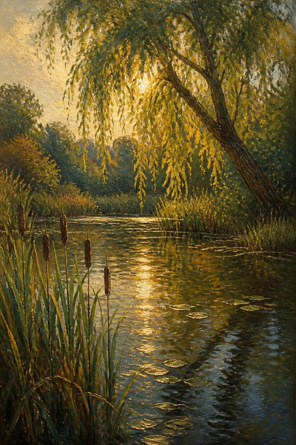 Weeping willow glowing in sunlight over calm river with cattails and lily pads