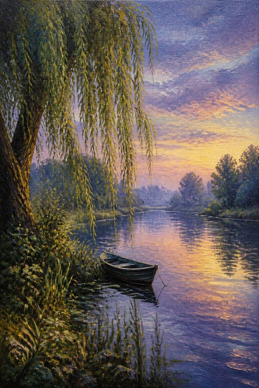 Small rowboat moored under weeping willow by colorful sunset river
