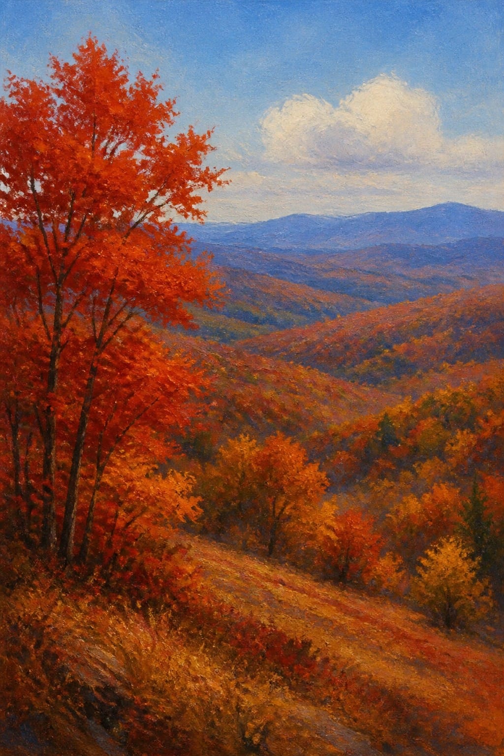 An oil painting of bright red autumn trees on a hillside overlooking layered orange and blue hills under a partly cloudy sky.