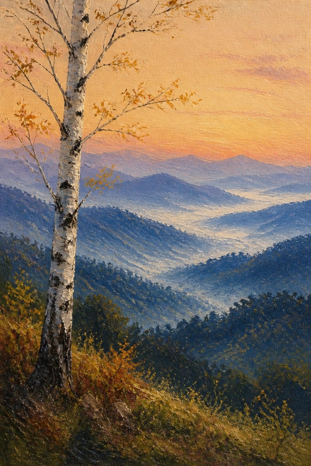 An oil painting of a white birch tree with yellow leaves standing on a hillside above layers of misty blue mountains under an orange sunset sky.