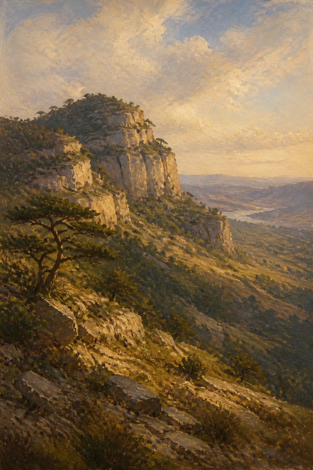 Rocky cliff with pine trees overlooking sunlit river valley in golden light