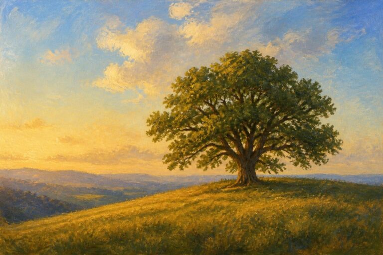 23 Beautiful Easy Landscape Oil Painting Ideas Using Hills, Trees, and Open Skies Solitary tree on sunlit grassy hill under vibrant orange-blue sunset sky