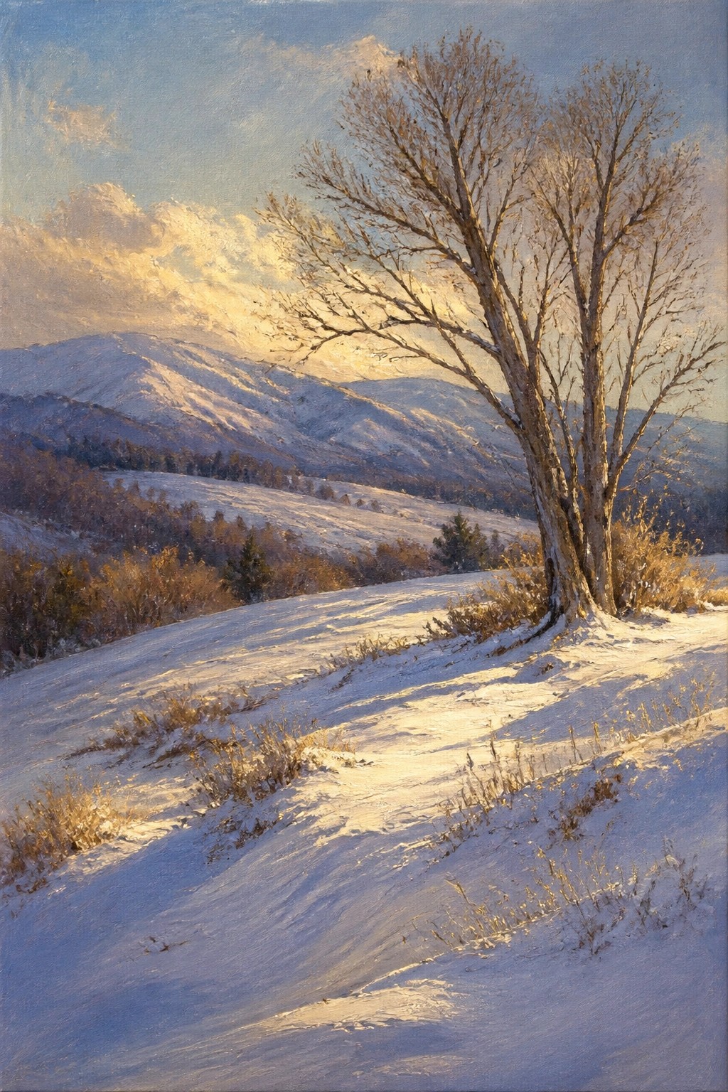 A realistic oil painting of a snow-covered hillside with a large bare tree on the right, distant mountains, and golden sunlight breaking through clouds.
