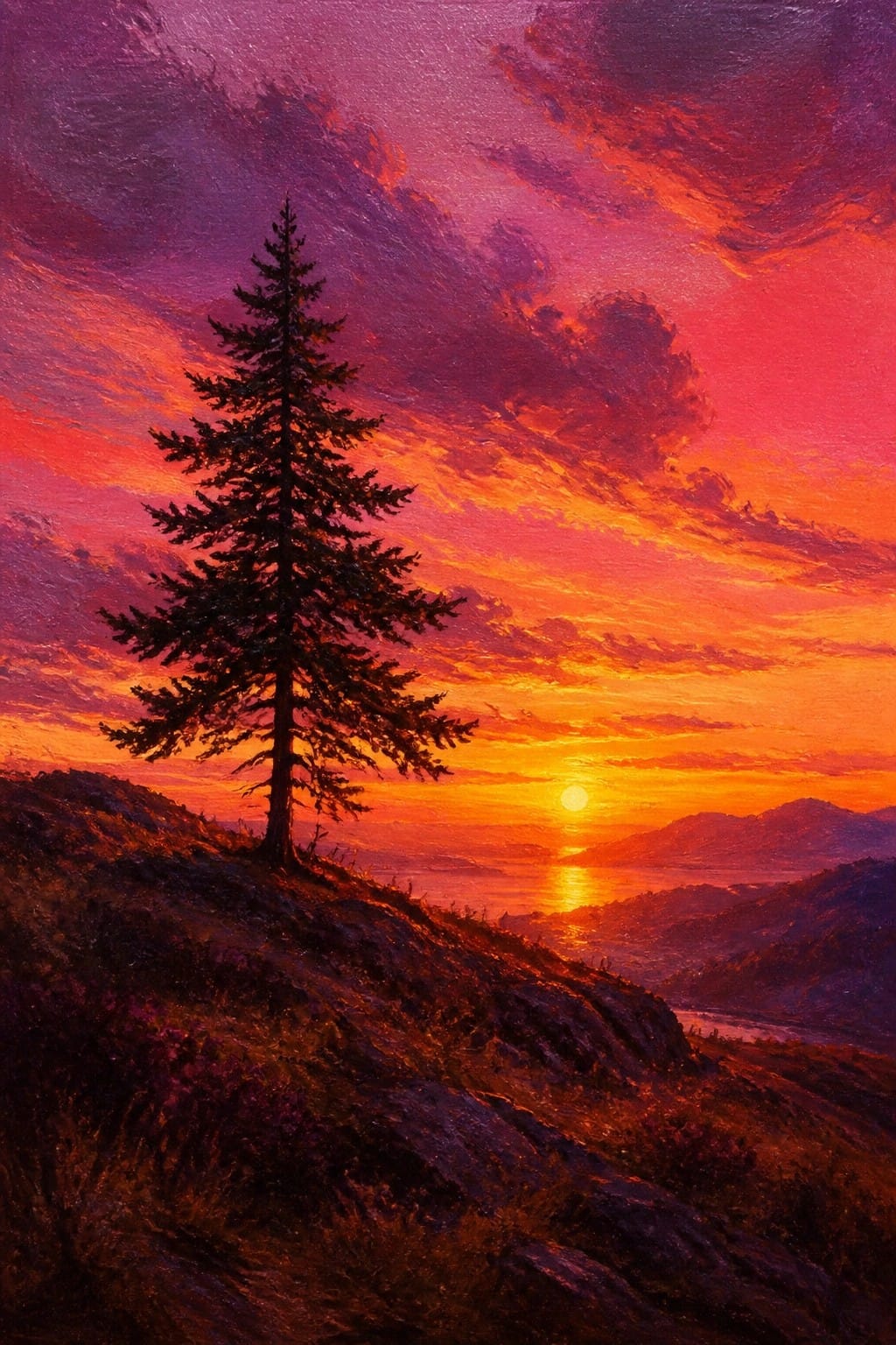 An oil painting shows a tall evergreen tree on a rocky hill at sunset with orange and purple clouds over water and distant mountains.