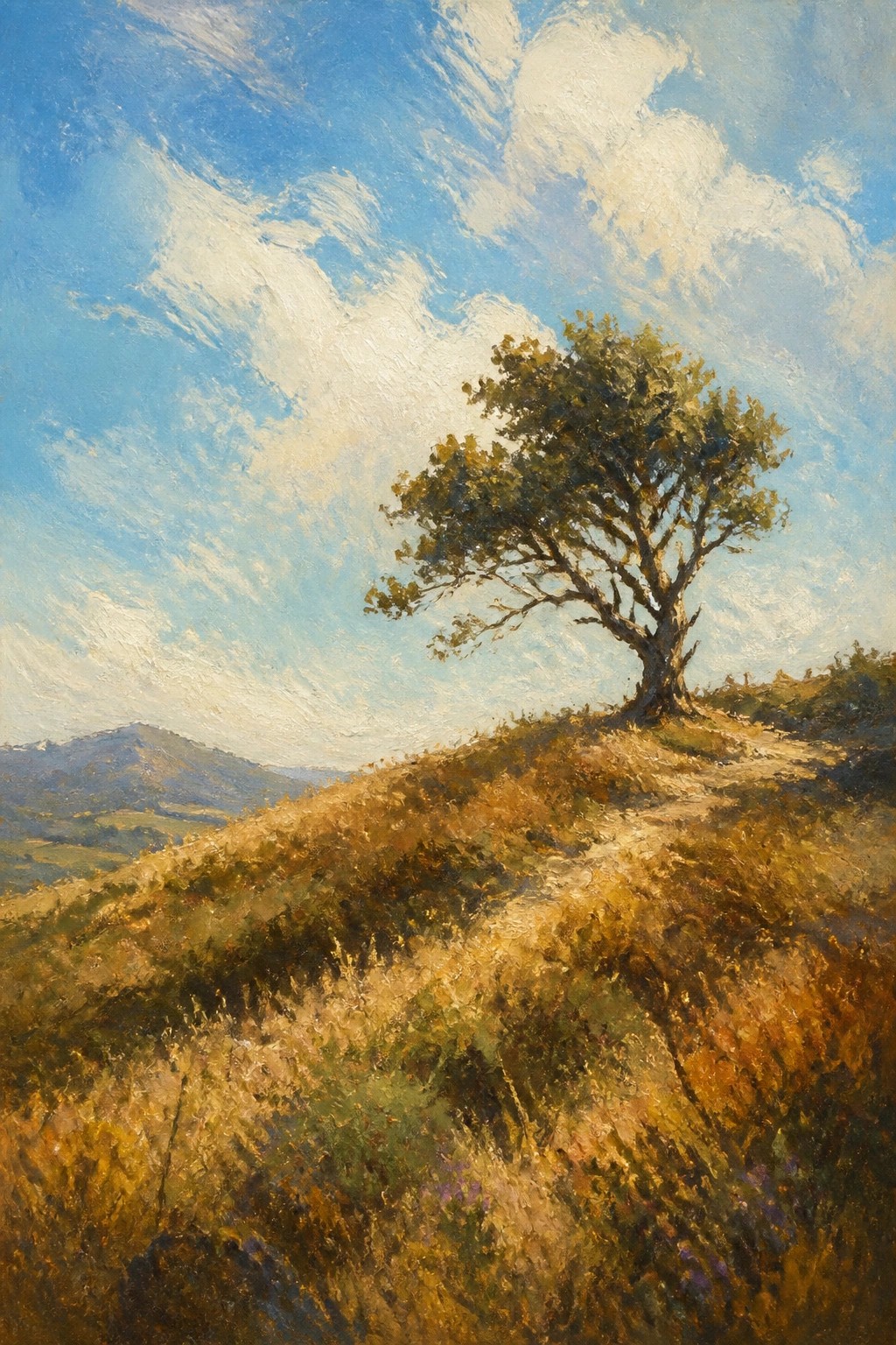 Lone tree on a golden hillside under a blue sky with white clouds