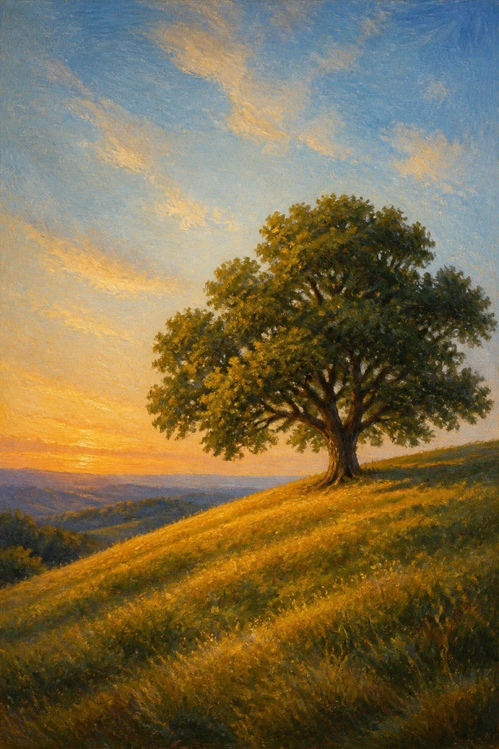 Solitary tree on sunlit grassy hill under vibrant orange-blue sunset sky
