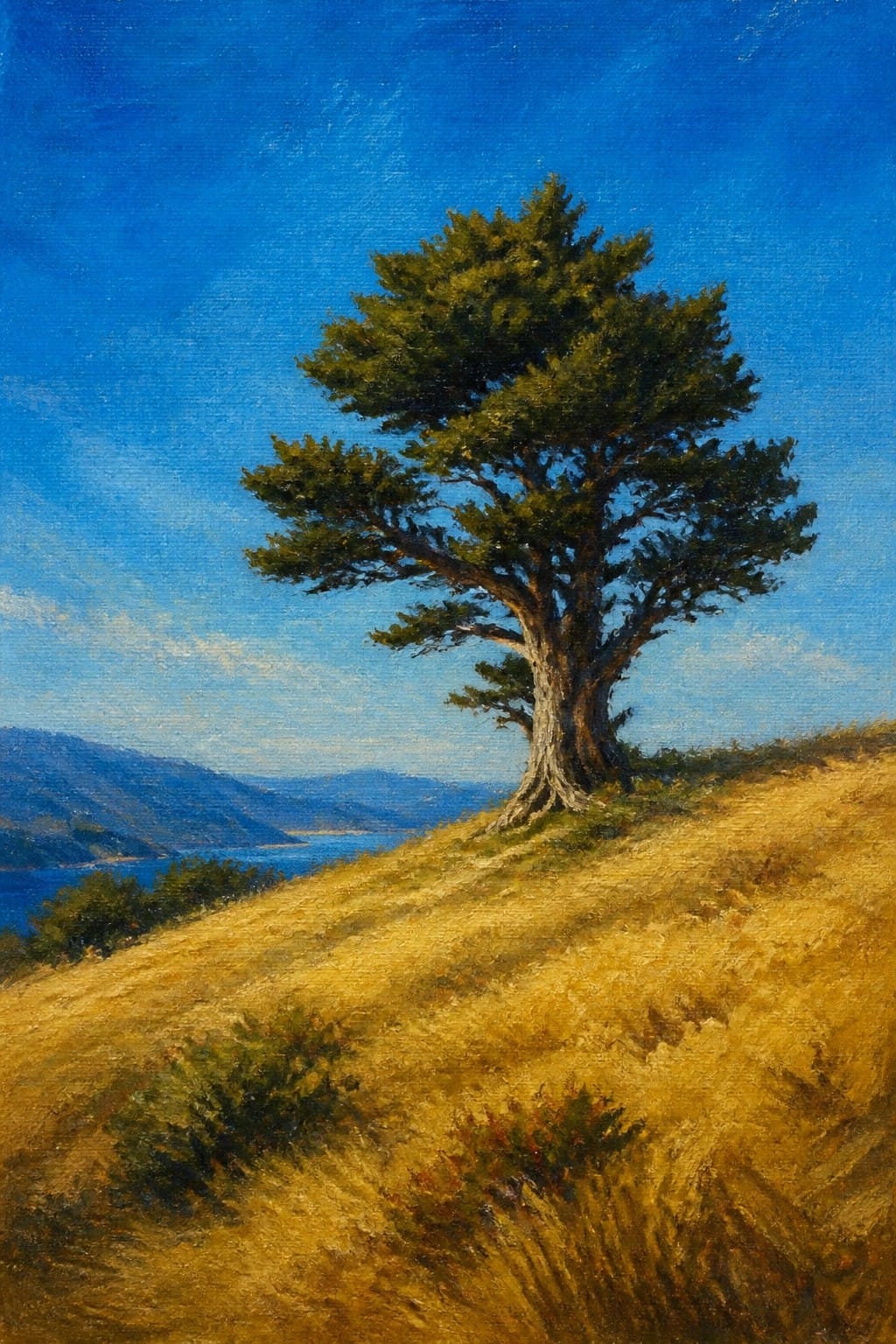 Lone windswept tree on golden hillside above blue water and distant mountains.