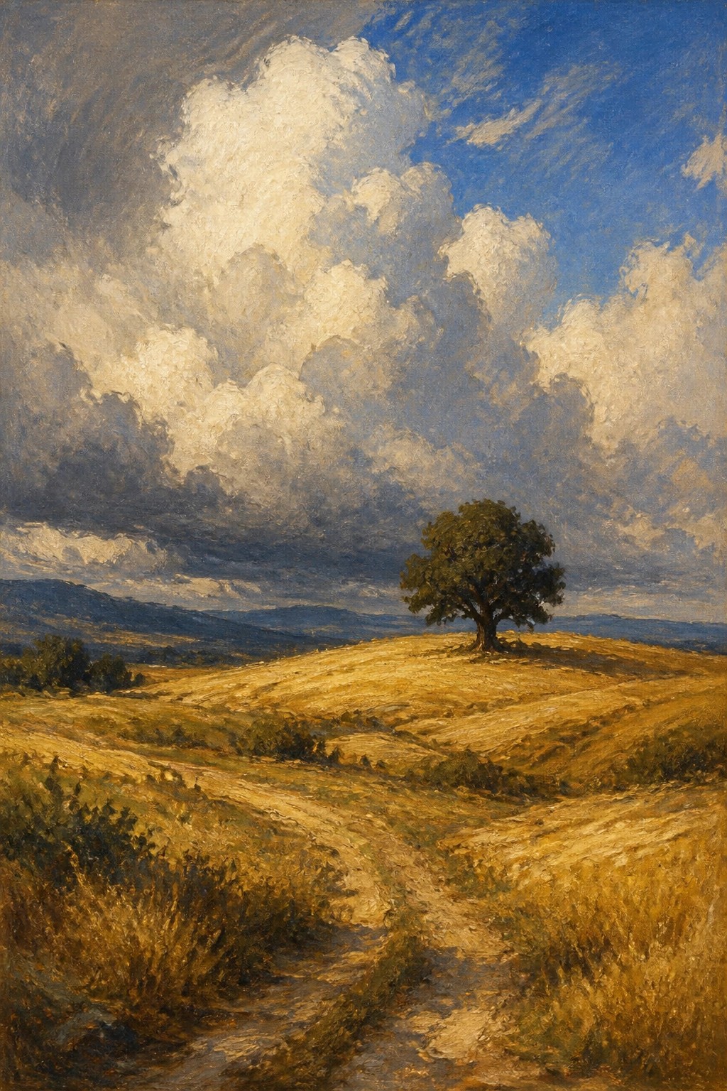 Lone tree atop golden hill under dramatic clouds with winding dirt path