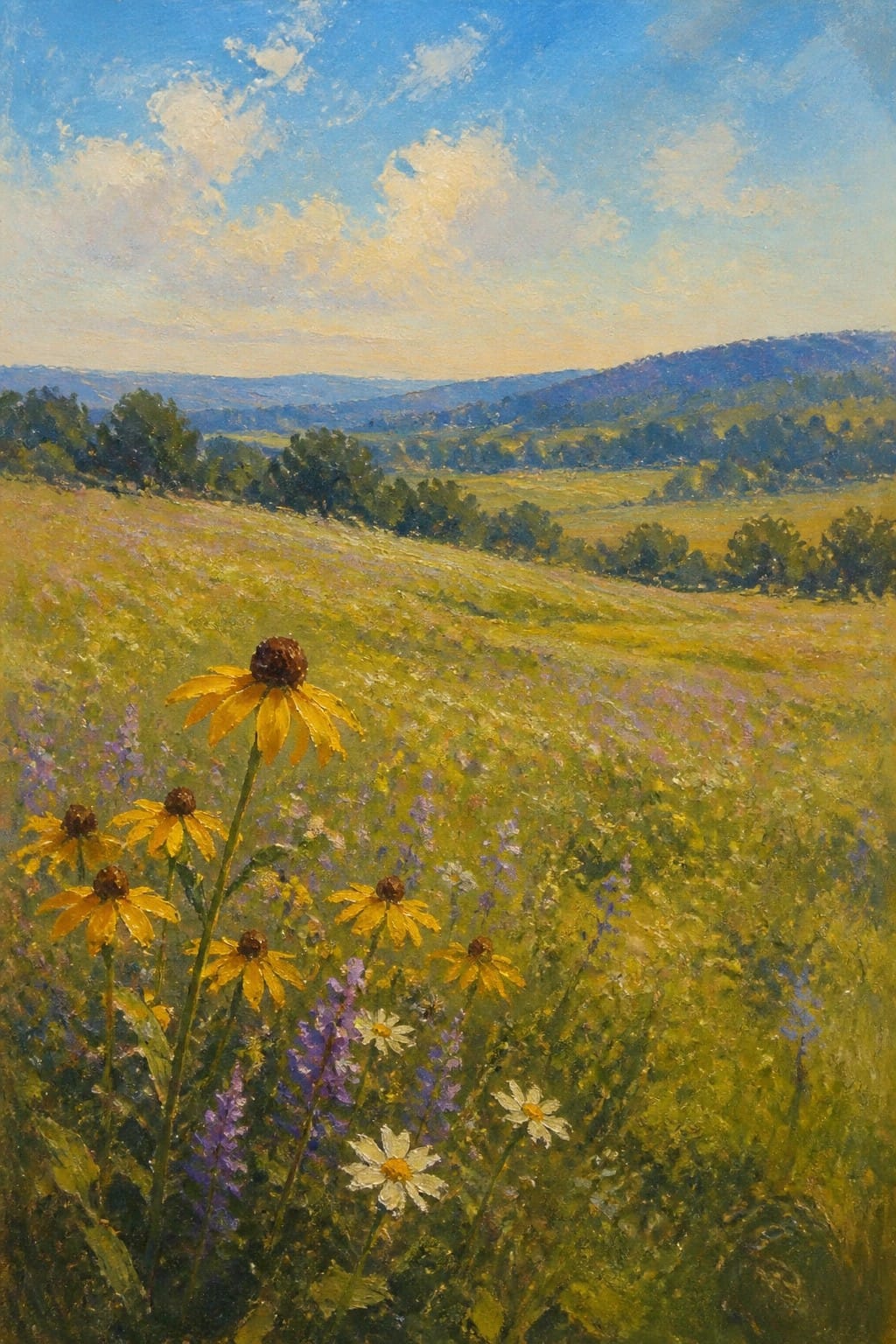 Yellow wildflowers bloom in a lush meadow with rolling hills under blue sky.