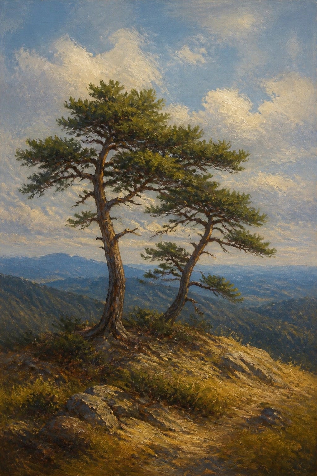 Oil painting of two pine trees on a rocky hill with mountains and clouds in the background.