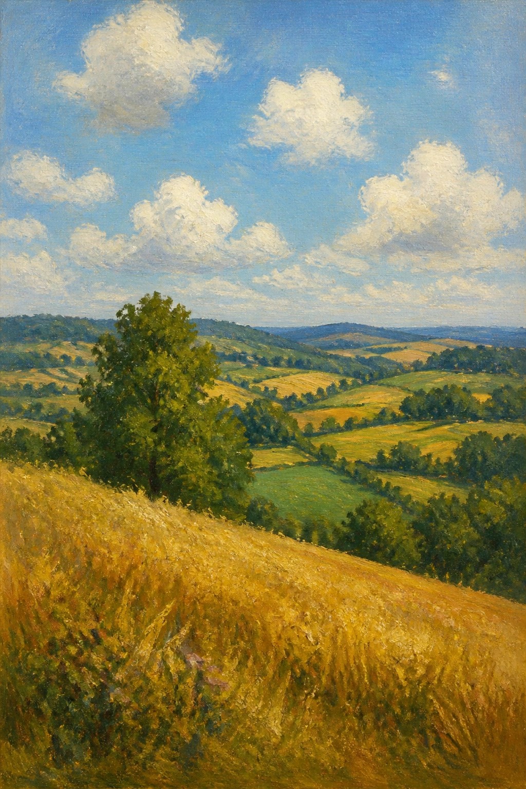 Rolling golden field overlooking patchwork green-yellow hills under blue sky with clouds.