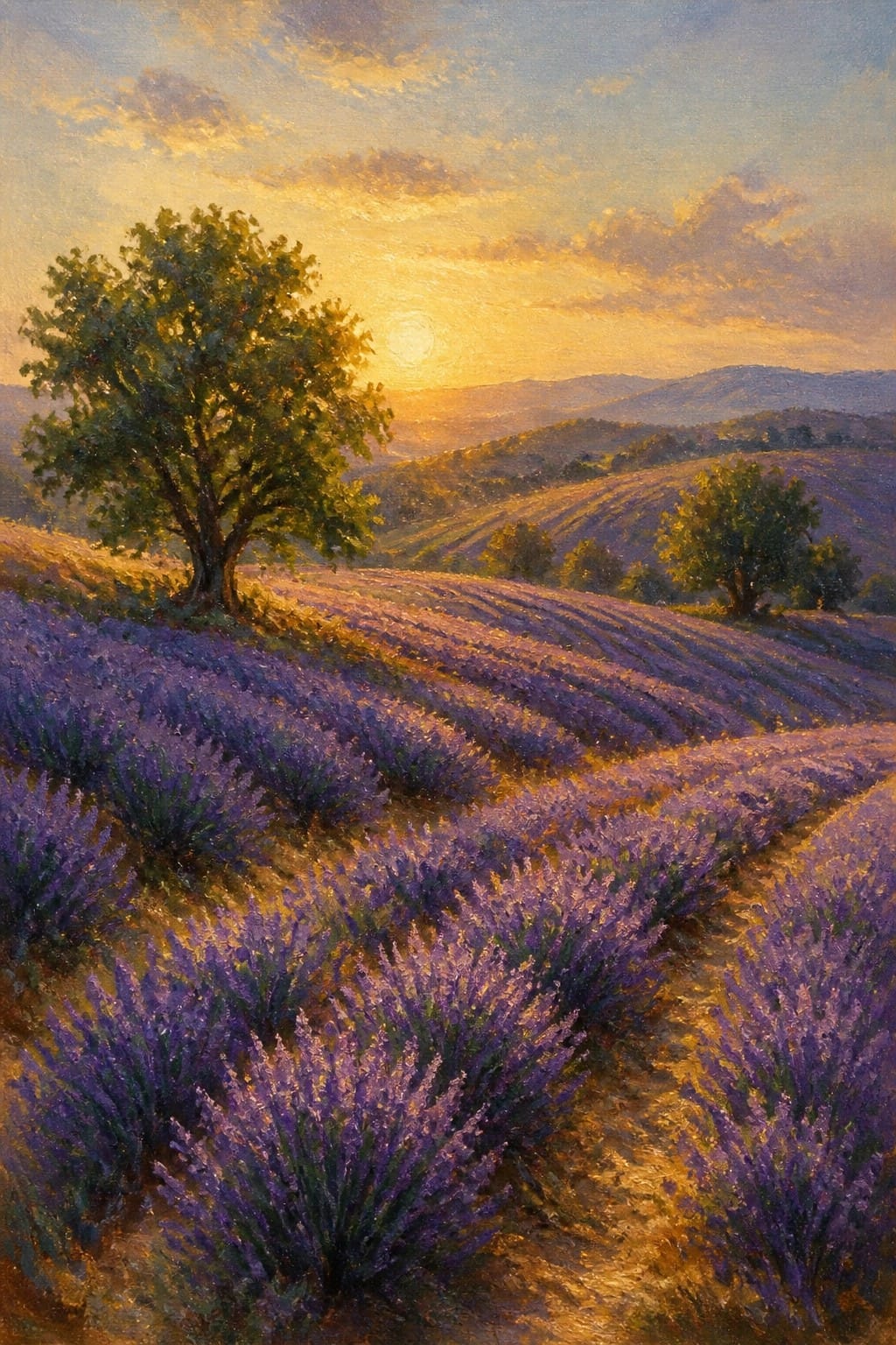 Rolling lavender fields at golden sunset with lone tree on hills