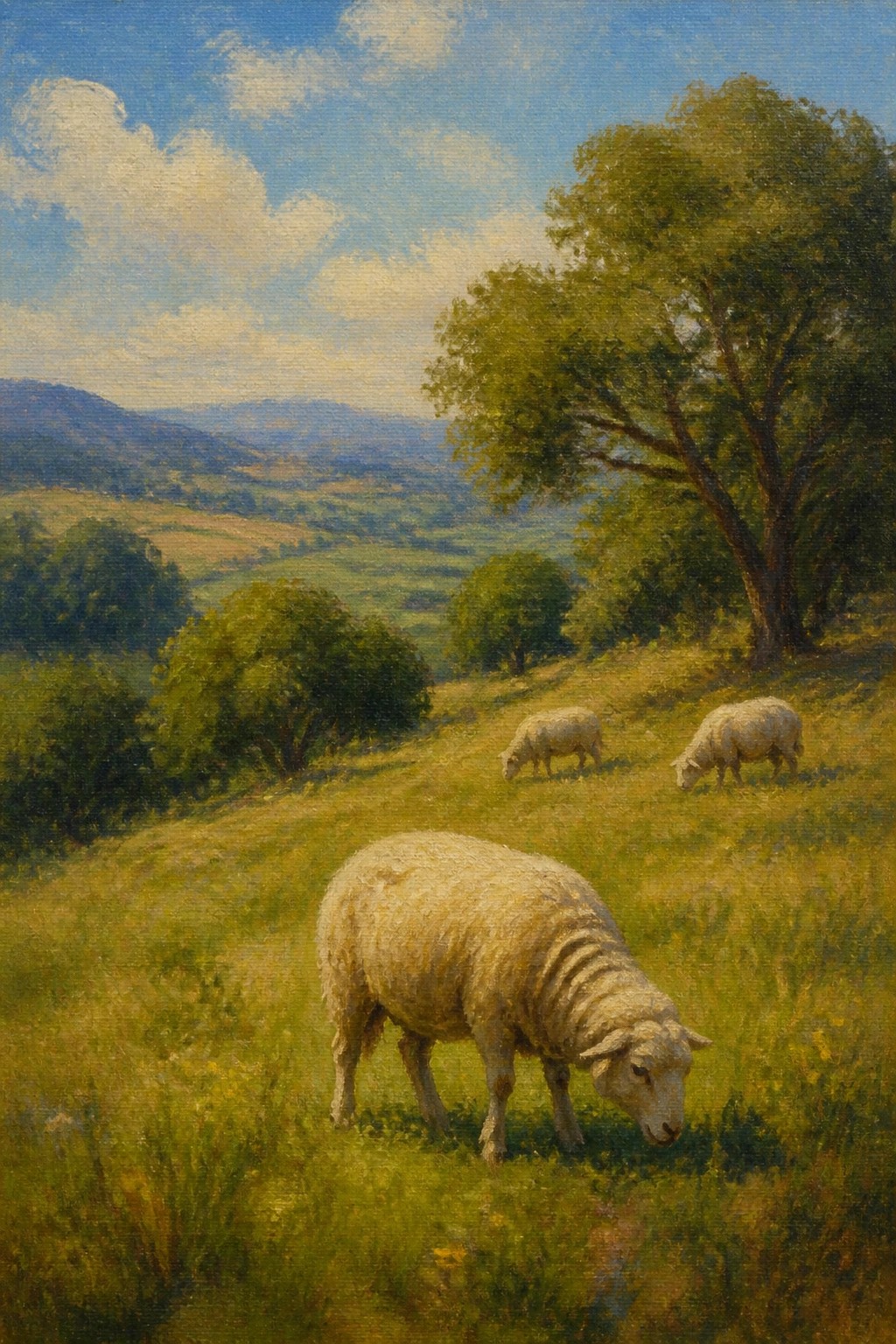 An oil painting of three sheep grazing on a green hillside with trees, rolling hills, and a blue sky with clouds.