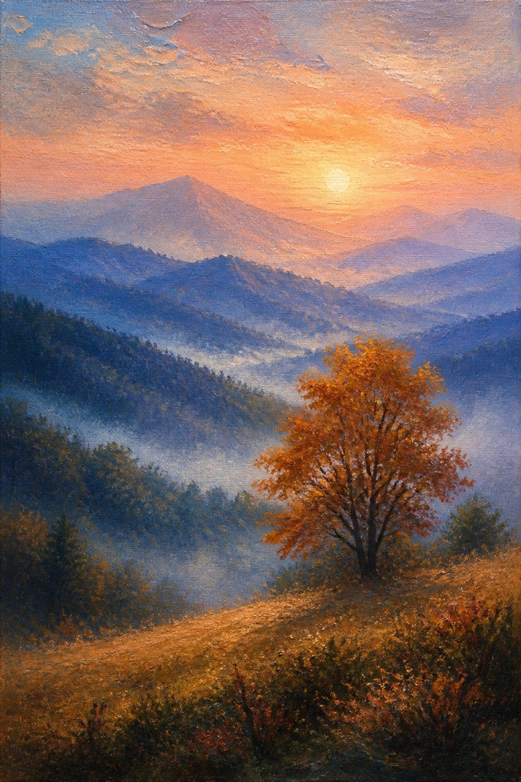 Golden autumn tree overlooking misty blue mountains at vibrant sunrise