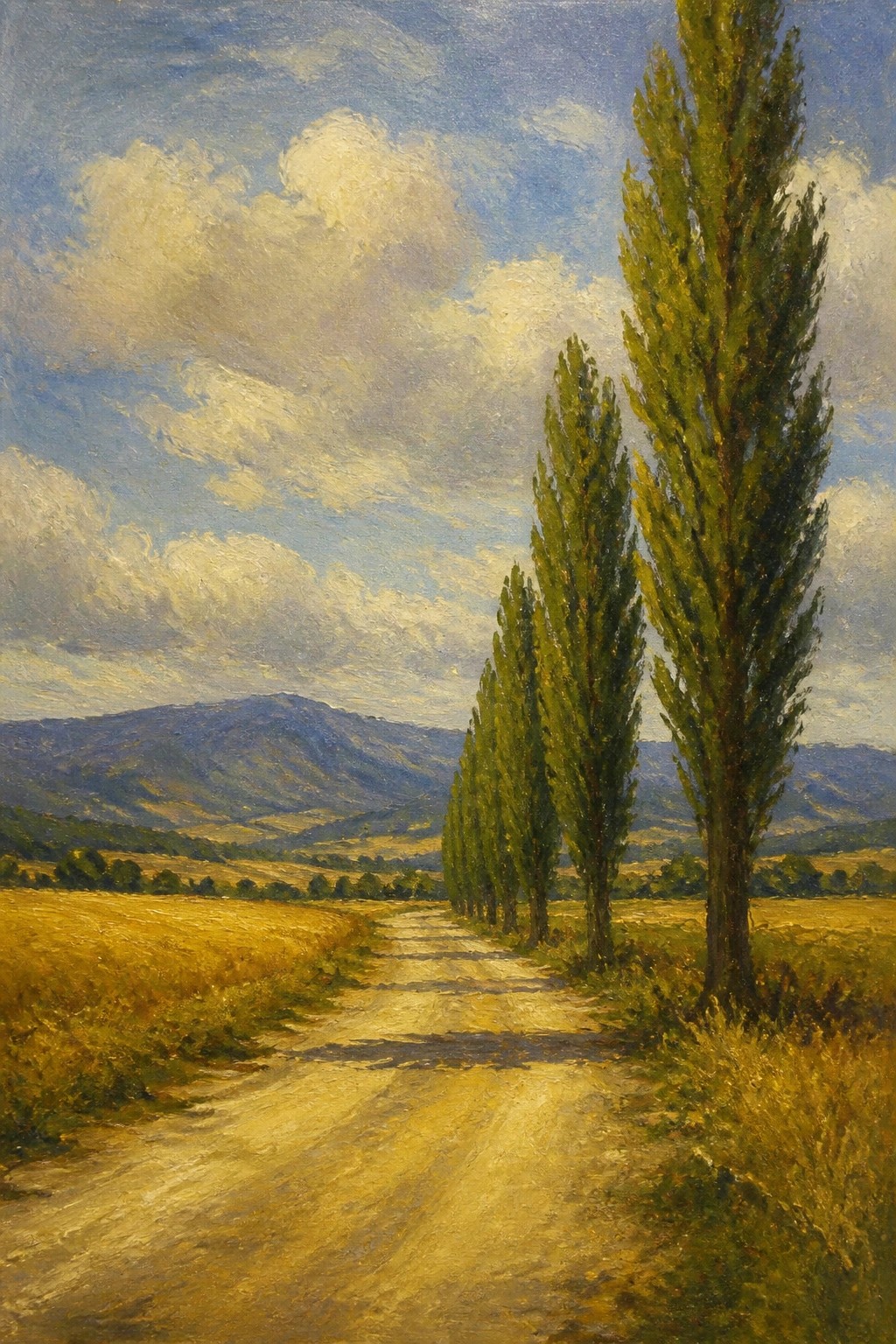 Winding dirt road lined with tall trees through golden fields toward blue hills