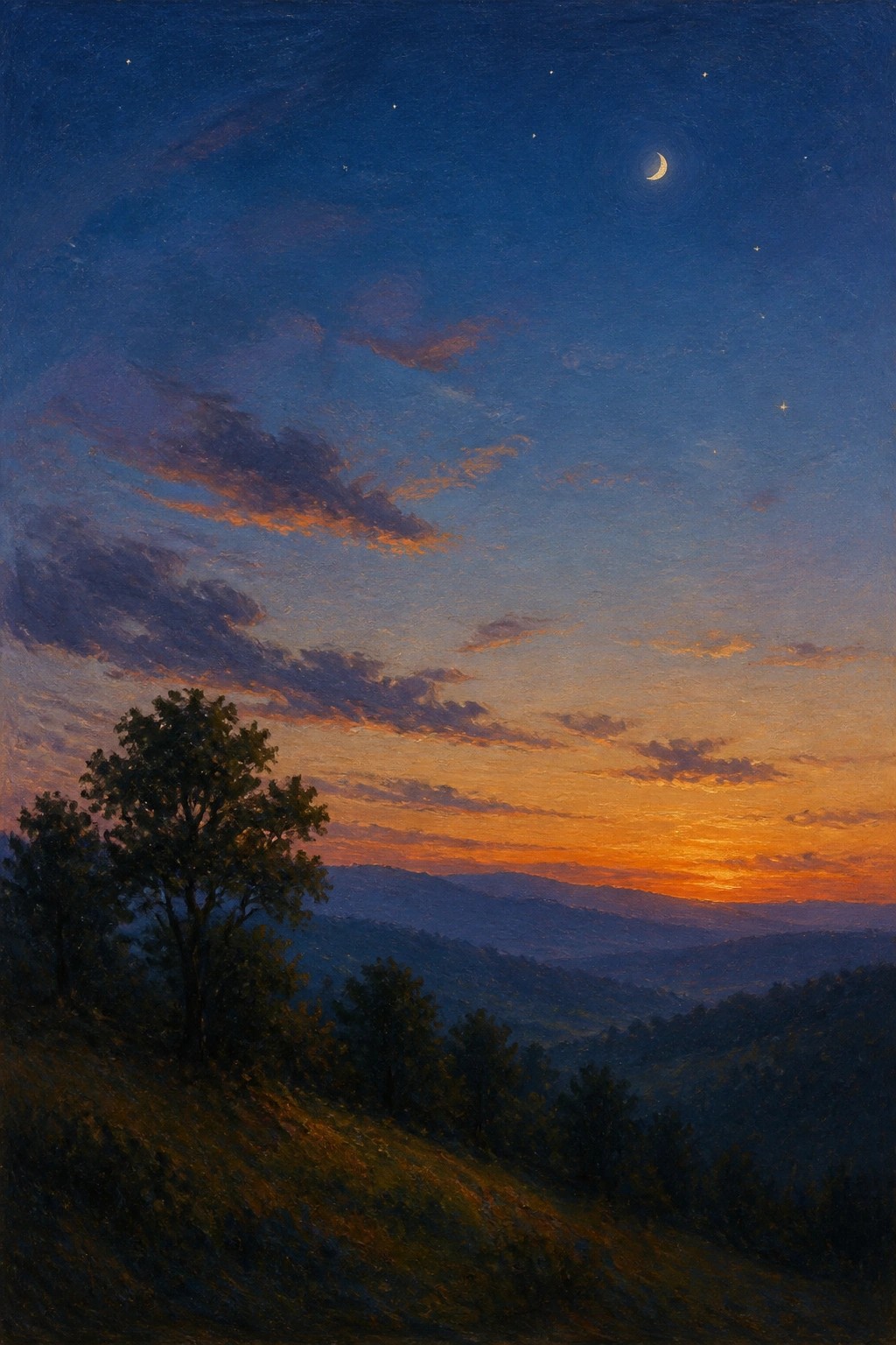 An oil painting of rolling hills at dusk with a crescent moon and stars in the blue upper sky, an orange sunset along the horizon, and dark trees on a grassy slope in the foreground.