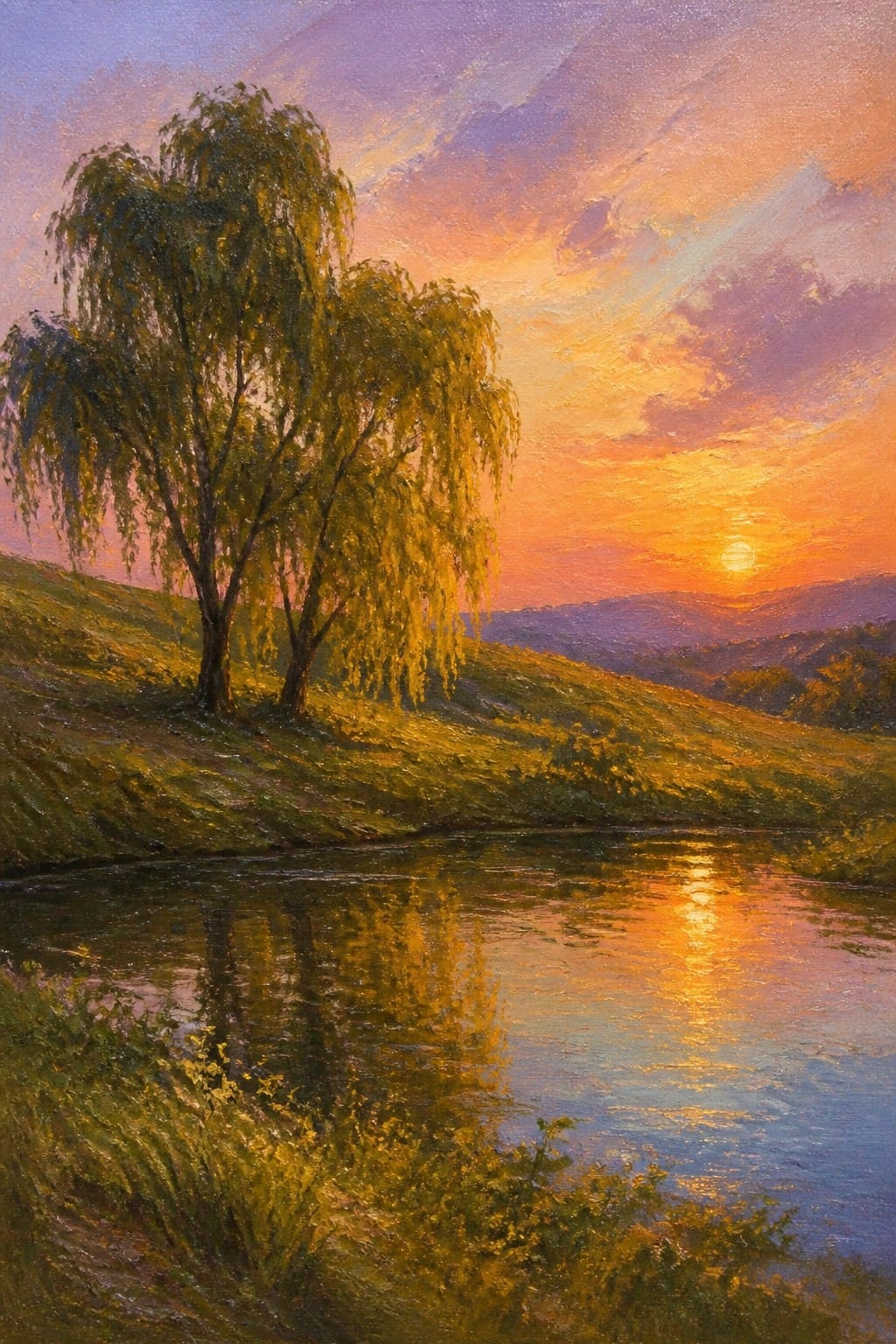 Golden willows reflecting in river under vibrant purple-orange sunset sky