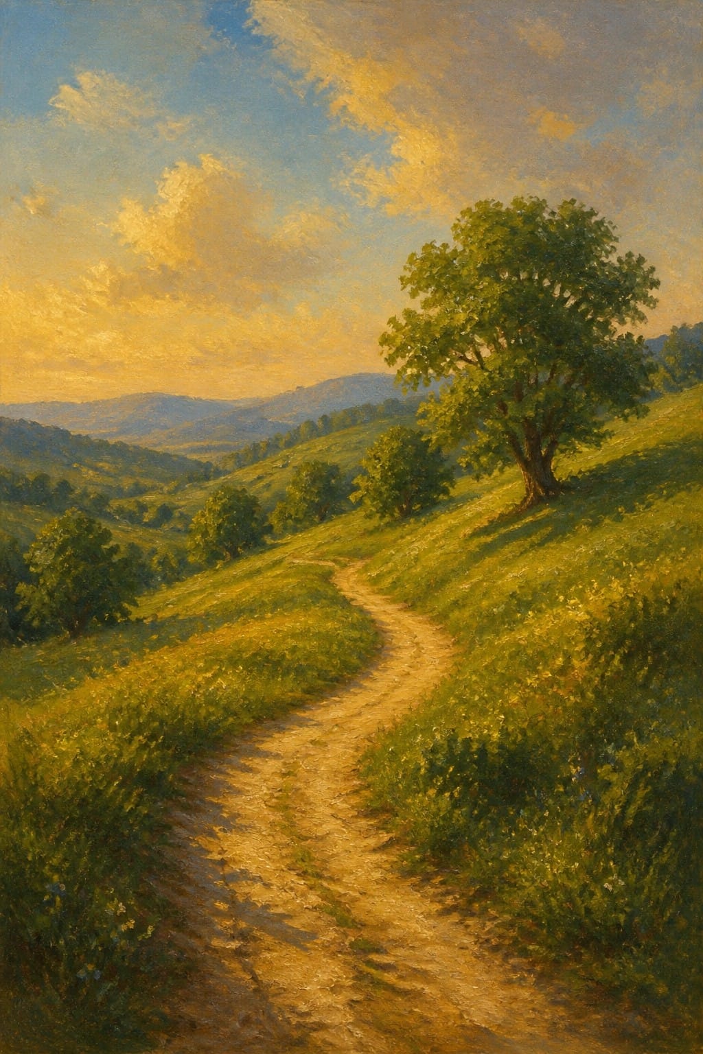 Winding dirt path through sunlit green hills with trees at sunset