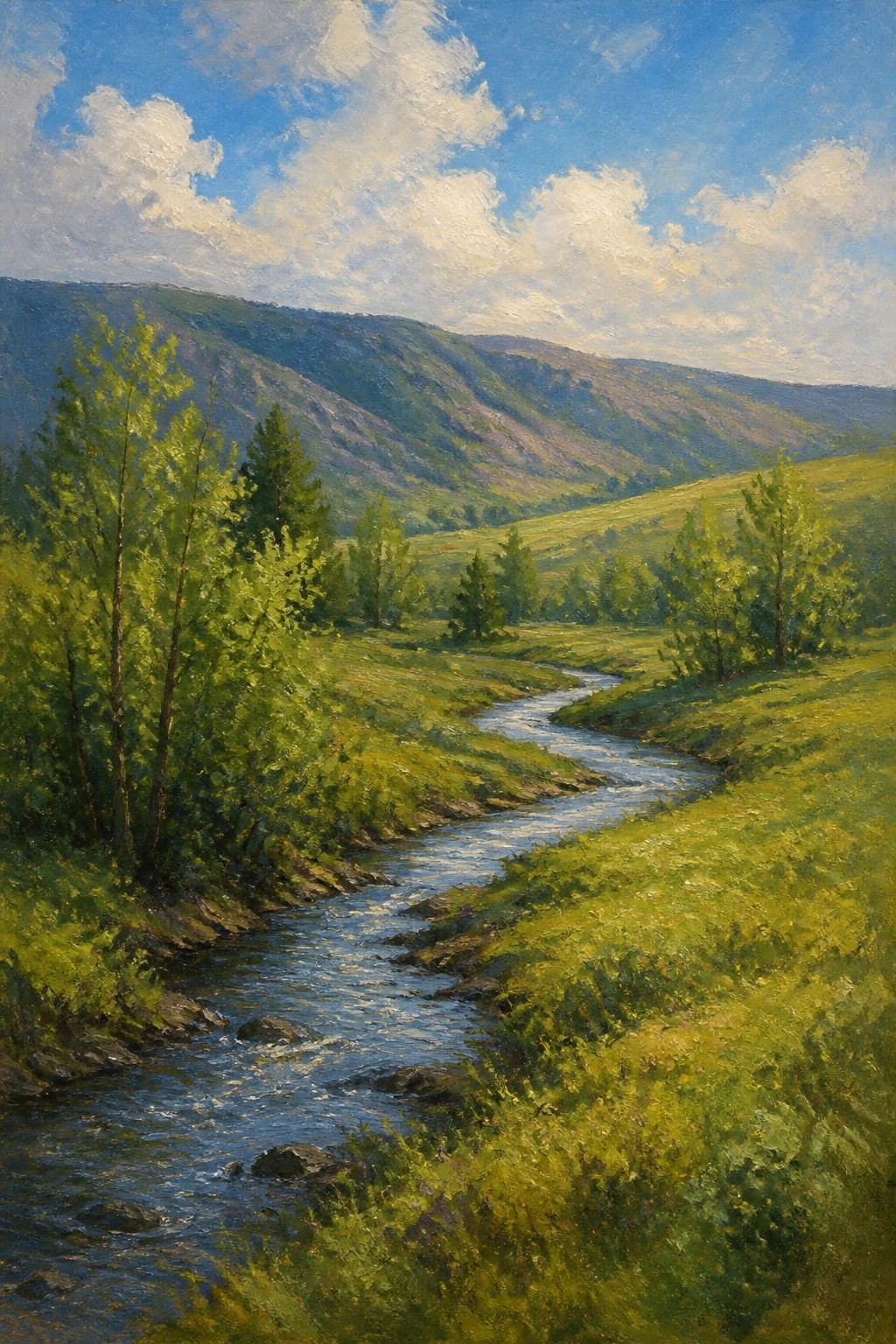 Winding river curving through lush green hills with trees and distant mountains.