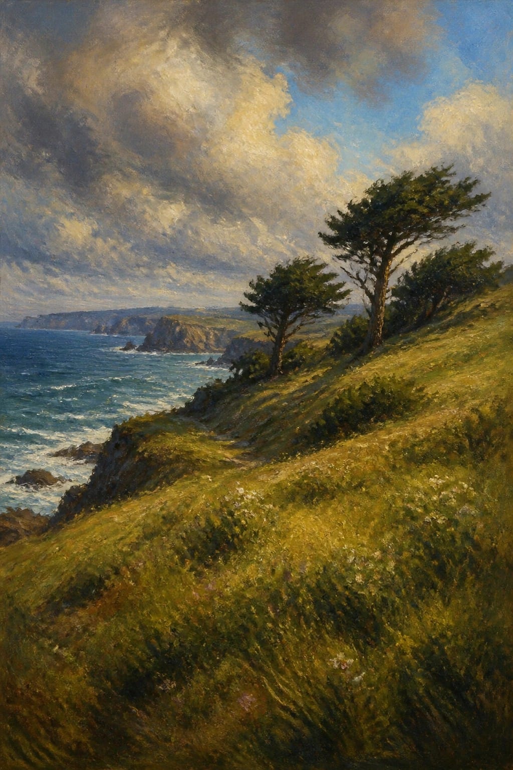 Windswept trees on grassy cliffs overlooking choppy blue ocean under dramatic sky