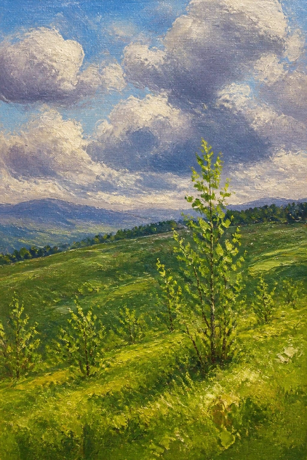 Painting of lush green hills with young trees under a dramatic cloudy sky.