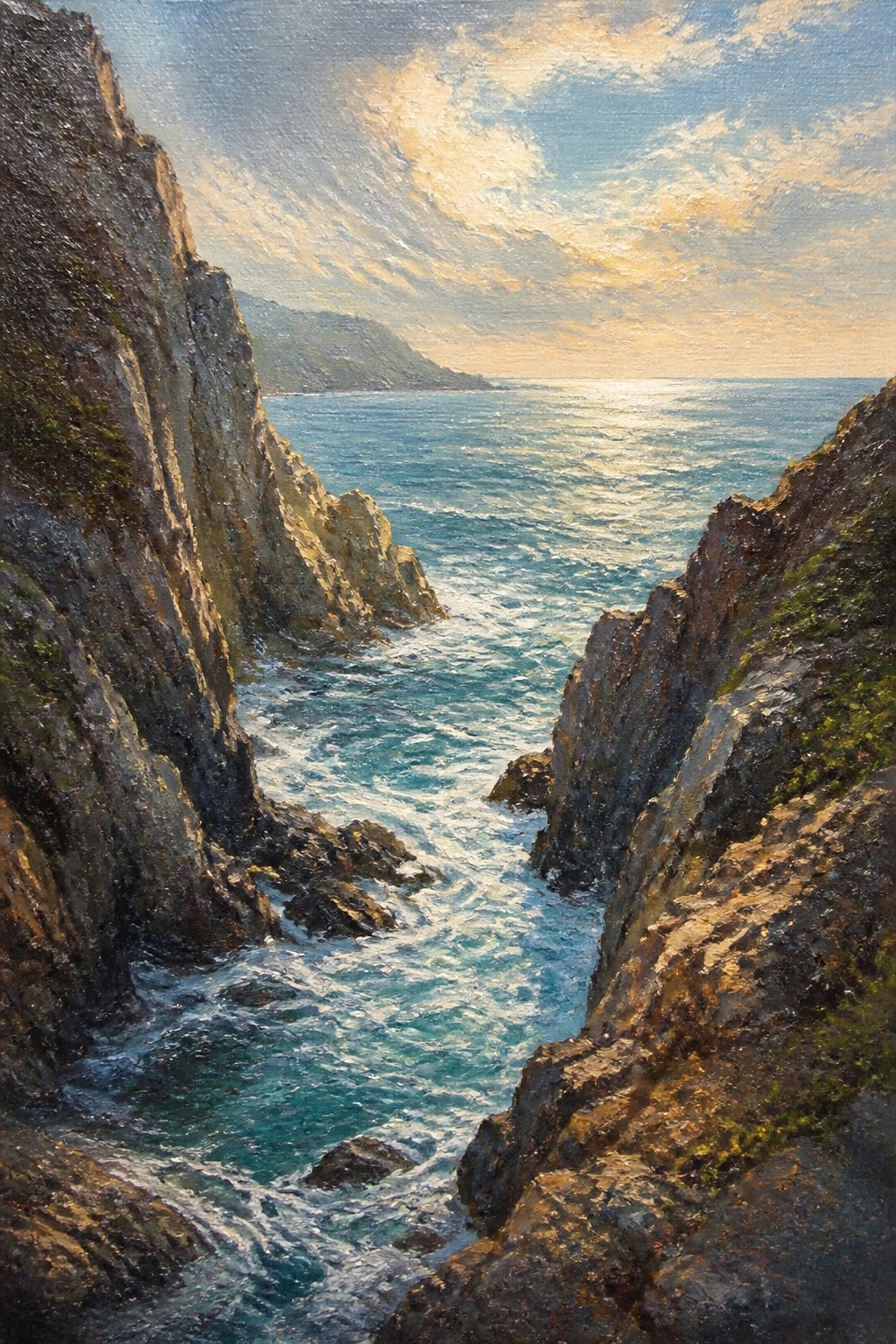Sunlit waves crash between rugged cliffs into turquoise ocean waters.