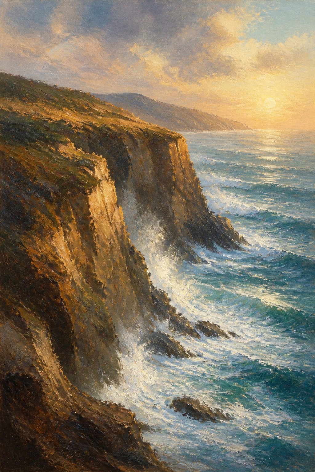 Golden sunset illuminating waves crashing against rugged coastal cliffs at dusk