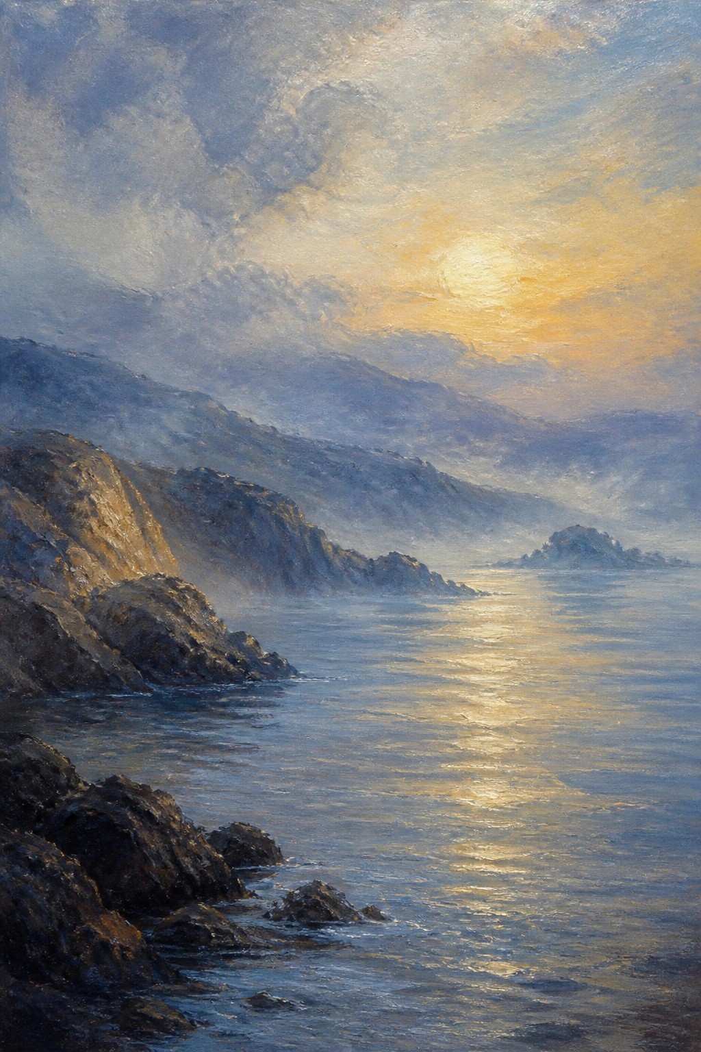 Rocky coastline at sunset with golden sunlight reflecting on calm misty sea