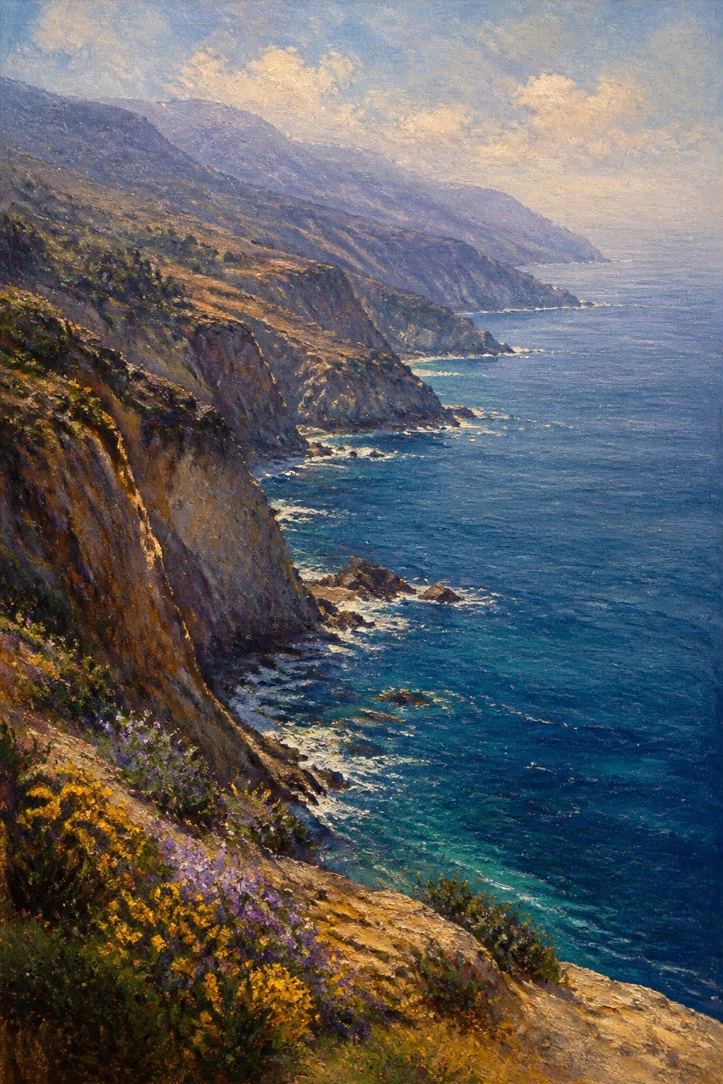 Steep rocky cliffs with wildflowers overlook turquoise ocean and hazy mountains in sunlight.