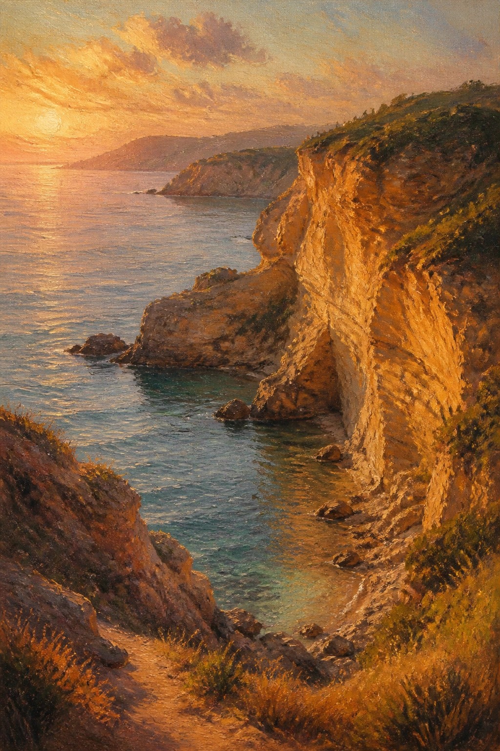 Sunset over rocky cliffs and turquoise sea with winding coastal path