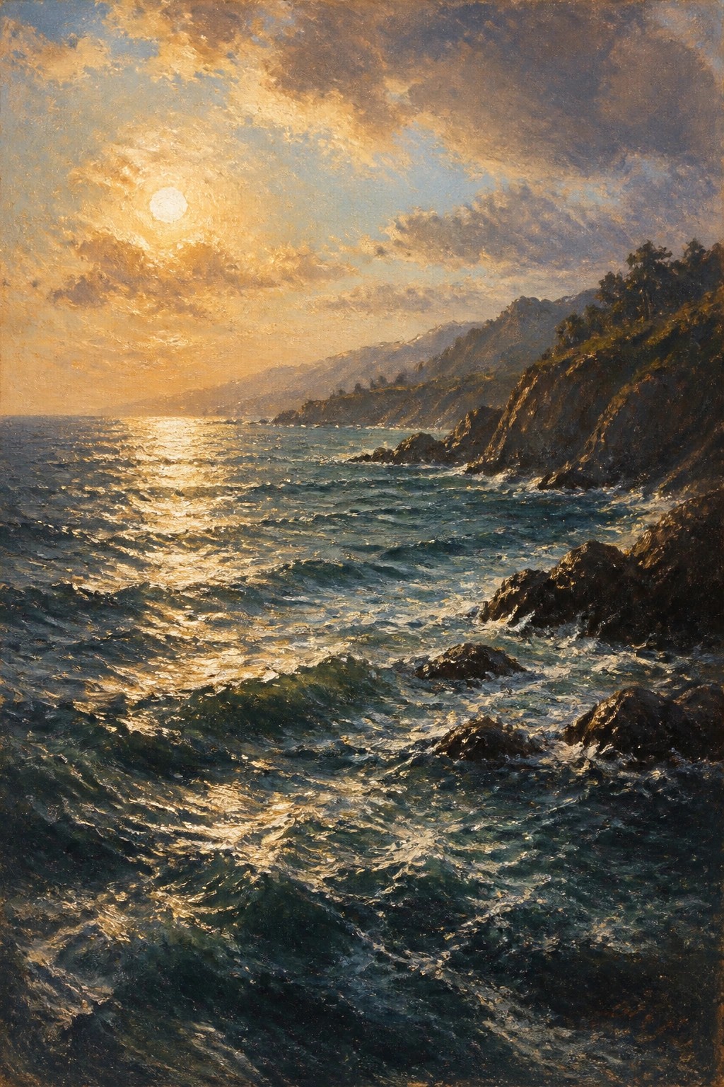 Realistic oil painting of sunset light reflecting across ocean waves that crash against dark rocks and cliffs on the right side.