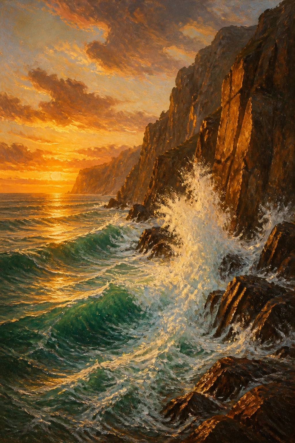 Golden sunset light on waves crashing against rugged coastal cliffs at dusk