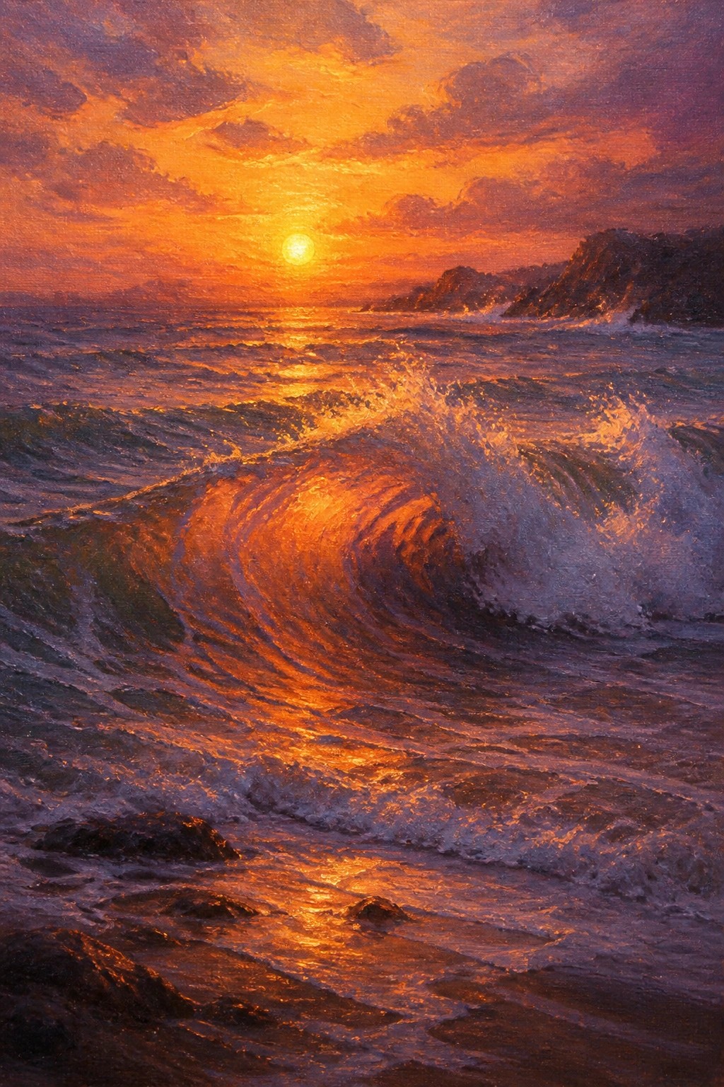 Vibrant painting of a massive curling wave at fiery orange sunset.