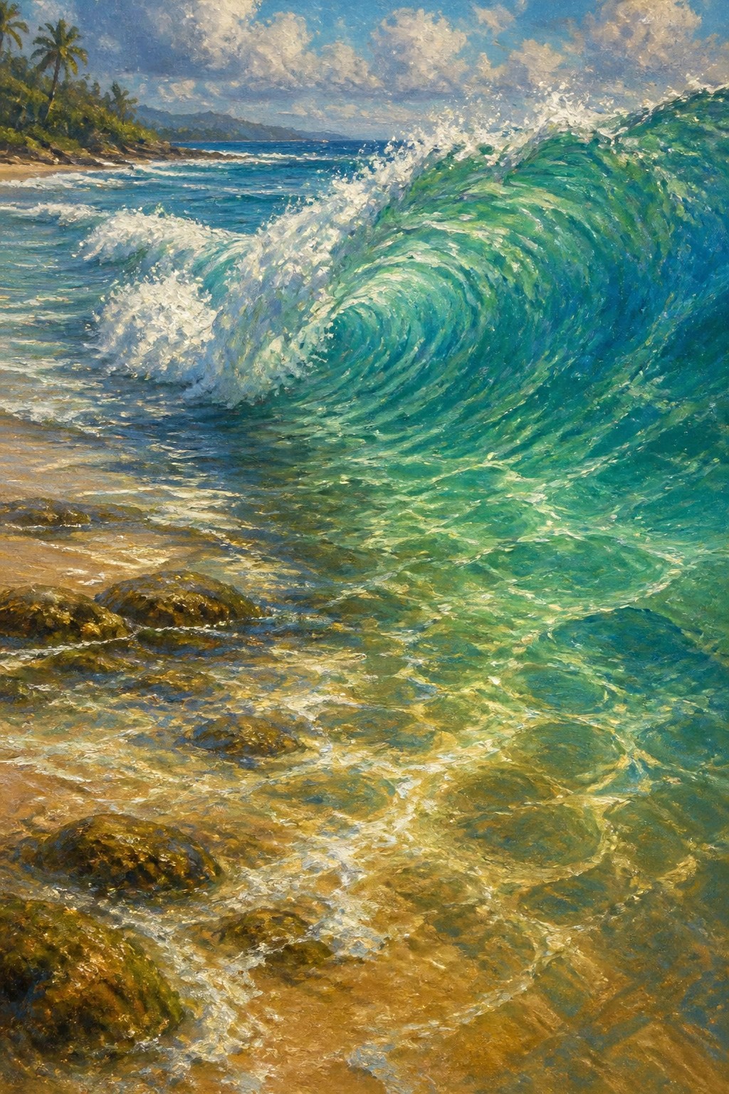 Large curling turquoise wave crashing onto rocky tropical beach with palm trees