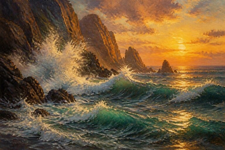 Golden sunset light on waves crashing against rugged coastal cliffs at dusk