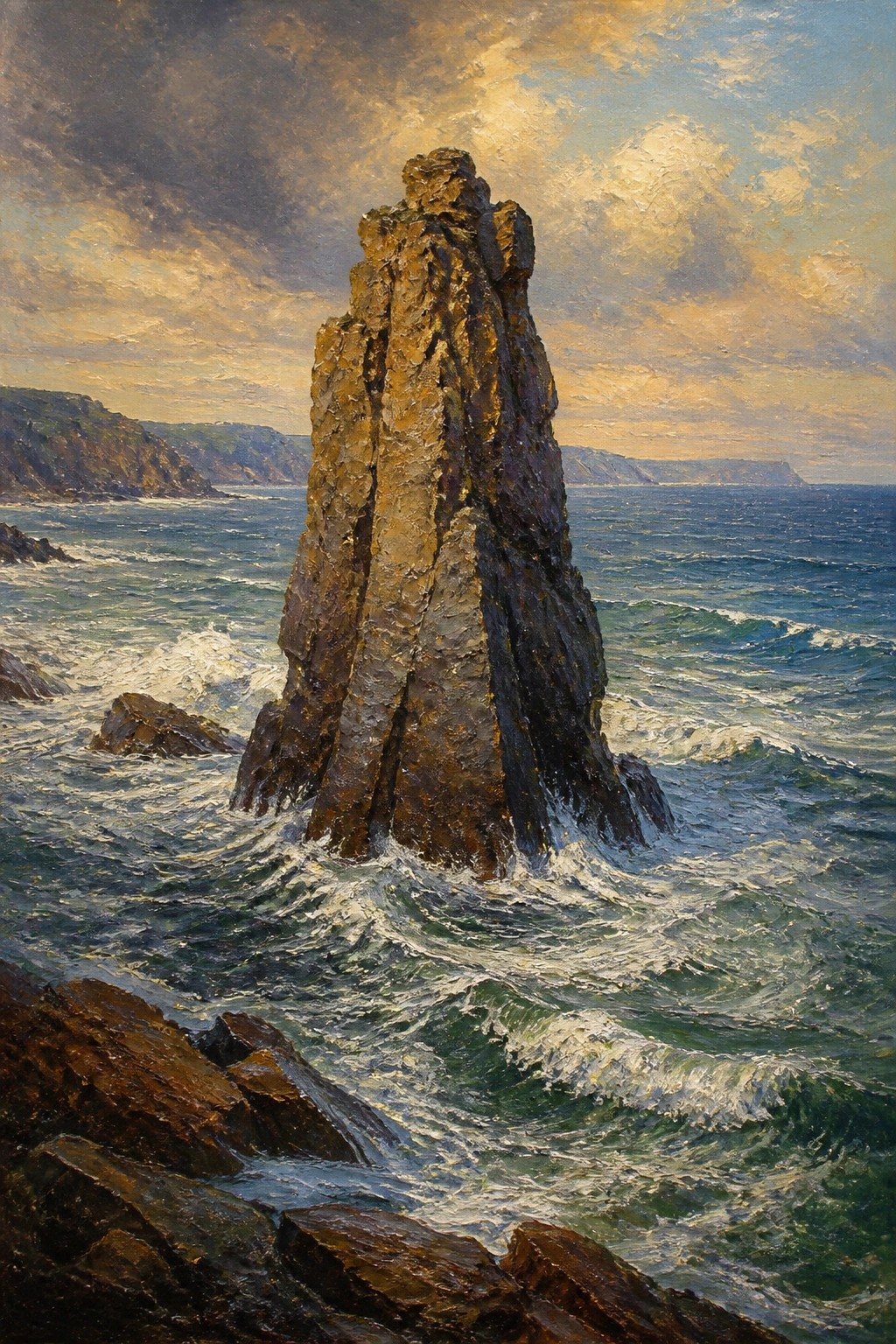 Jagged sea stack rising amid crashing waves under a dramatic golden sunset sky.