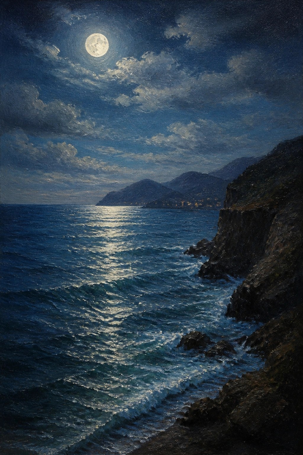 Moonlit waves crashing on rocky cliffs beneath a full moon at night