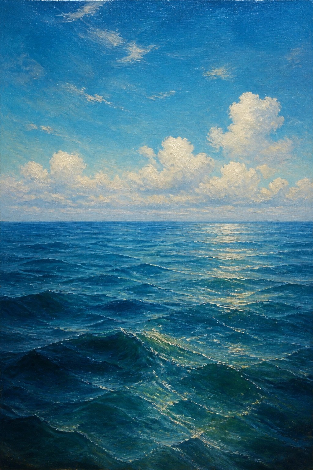 Blue ocean waves with sunlight reflections beneath a sky of white clouds.