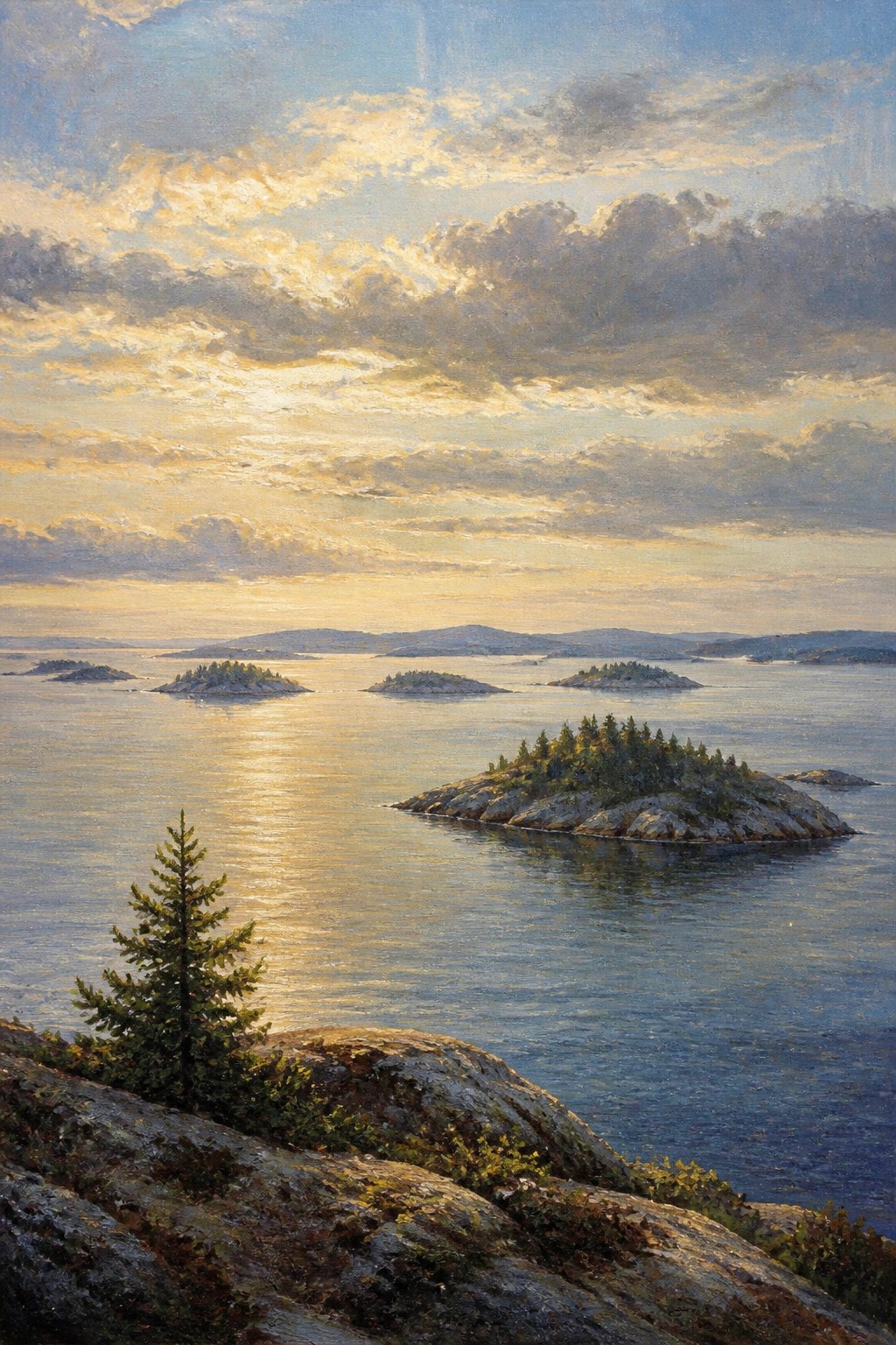 Oil painting of several rocky islands with trees in calm blue water under a golden cloudy sky, viewed from a rocky cliff with a small pine tree in the foreground.