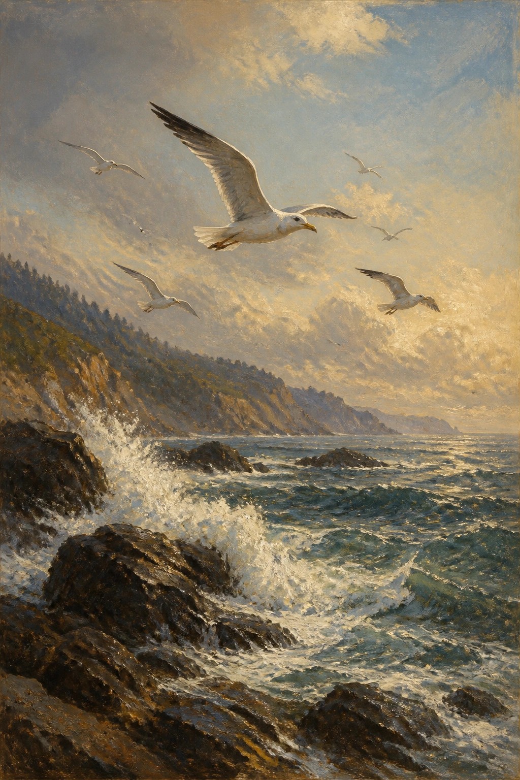 Seagulls soaring over crashing waves on rocky cliffs under golden skies.