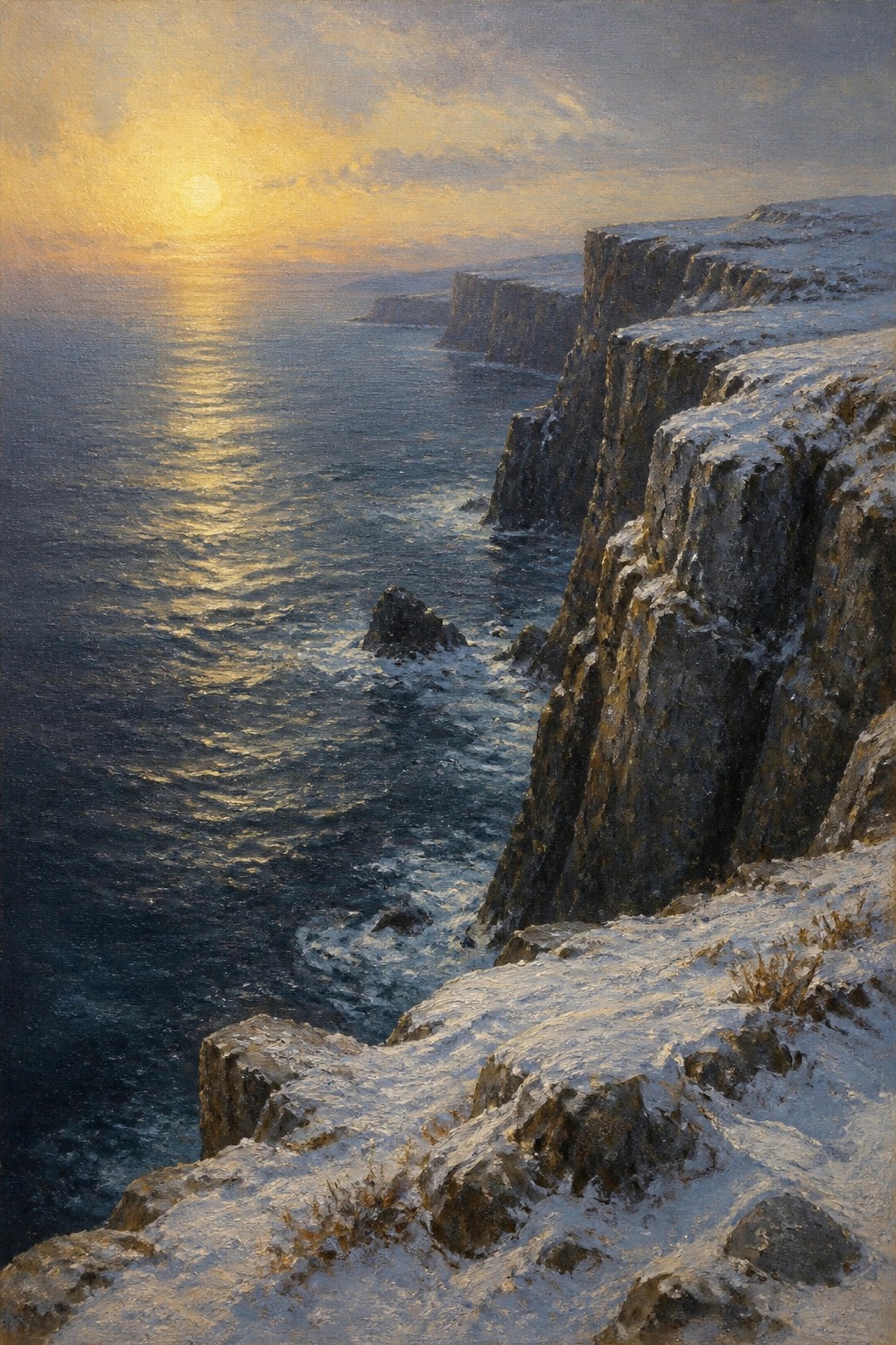 Snowy cliffs overlook sunlit ocean waves at golden sunset with rocky ledges.